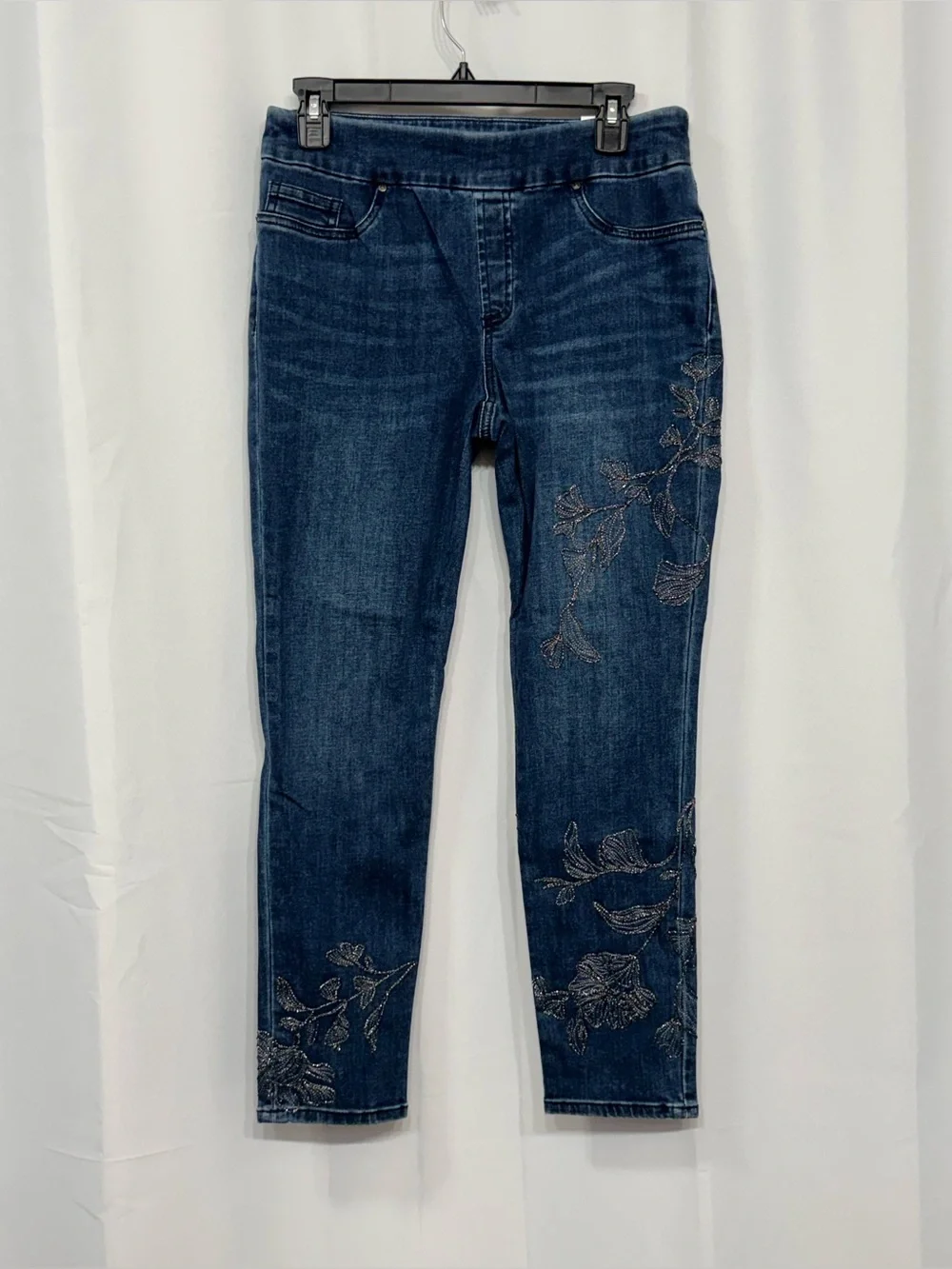 Chico’s Women’s Blue Embroidered Pull On Stretch Comfort Ankle Denim Jeggings 4R